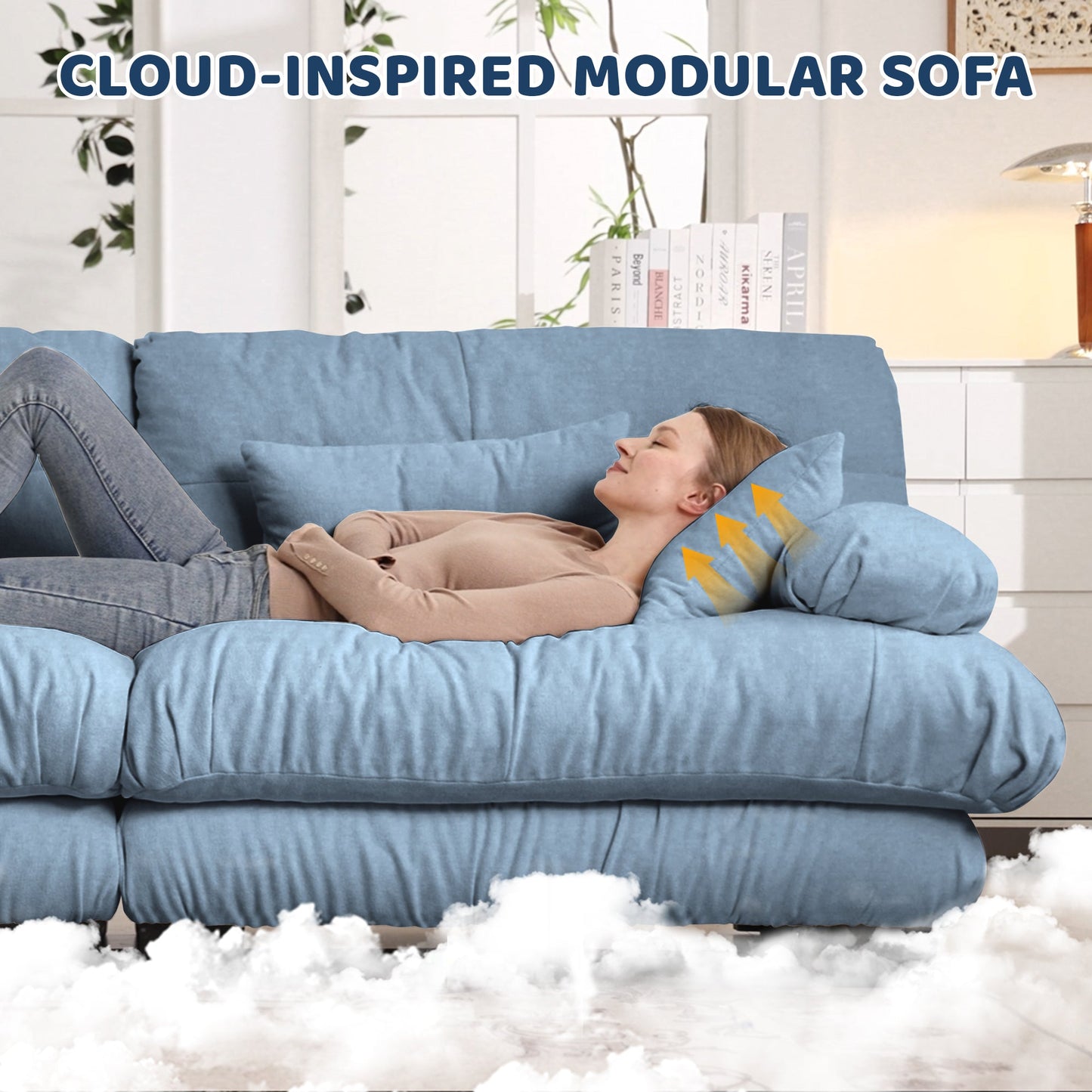 Sectional Sofa Cloud Chenille Blue 2 Seat Convertible Ottoman