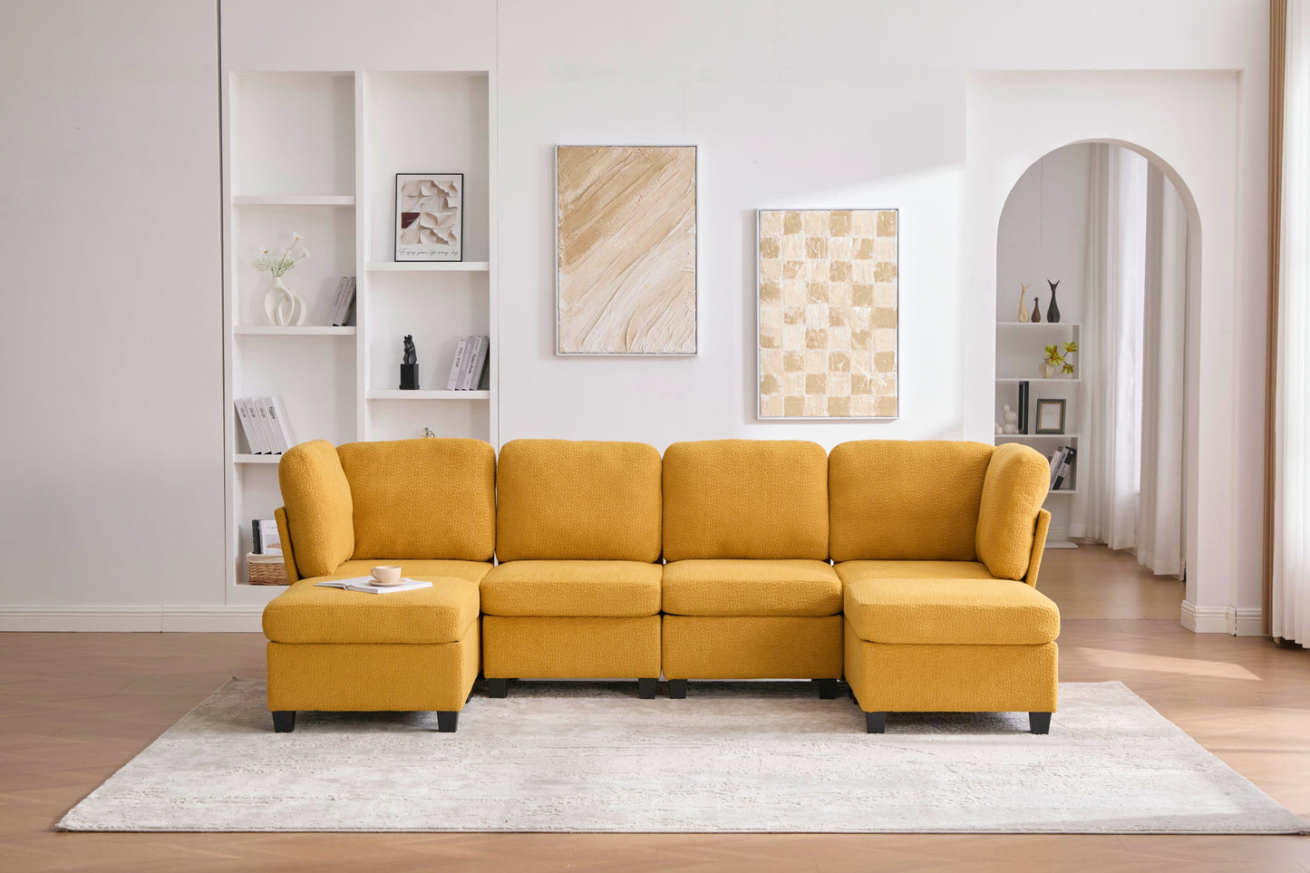 Sectional Sofa U-Shape 6 Seat Mustard Yellow Storage Ottoman
