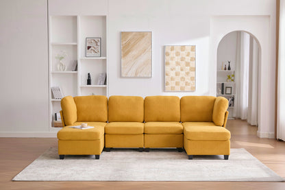 Sectional Sofa U-Shape 6 Seat Mustard Yellow Storage Ottoman
