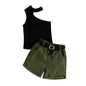 Summer Girl Ins Shoulder Halter Sunken Stripe Top Shorts Suit