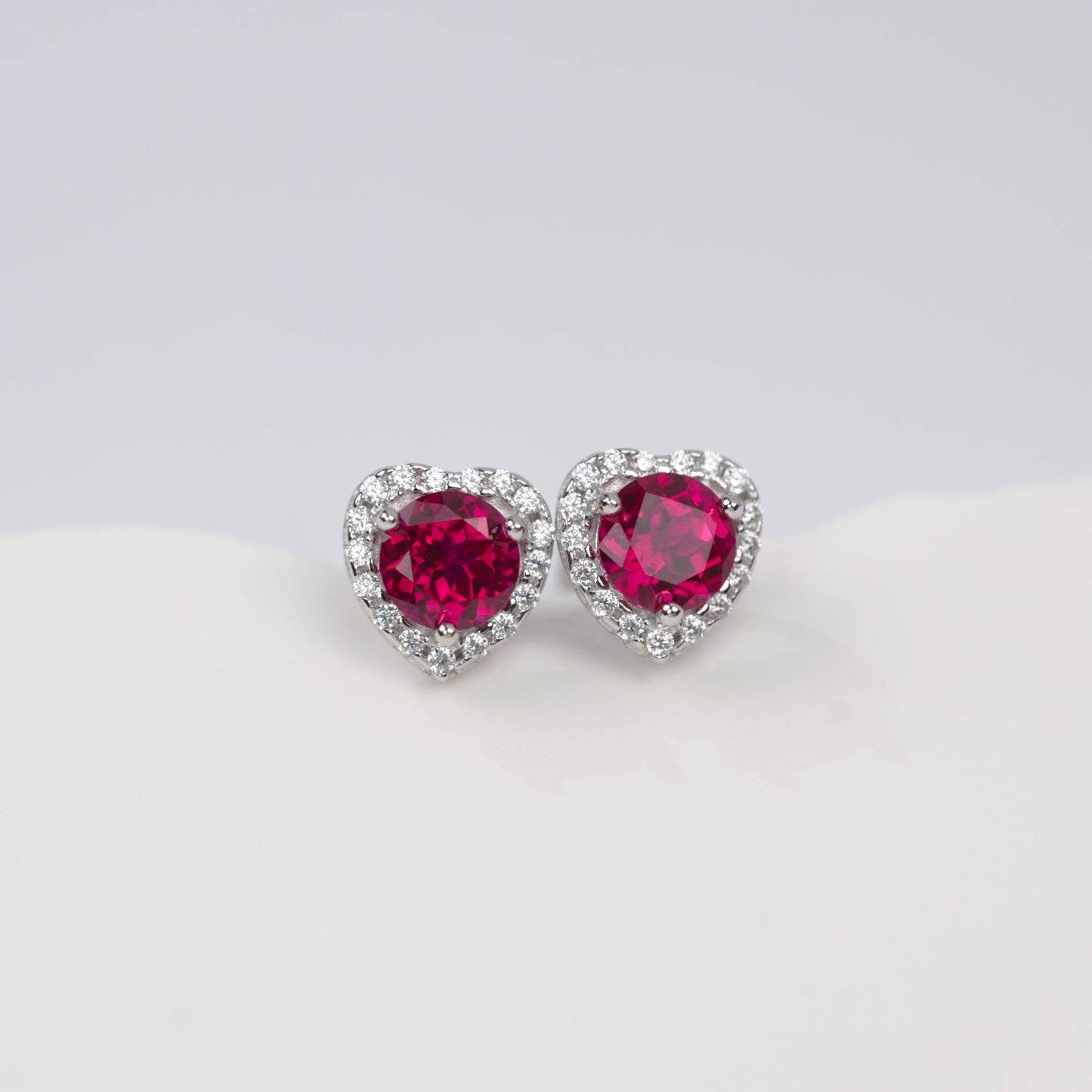 S925 Sterling Silver Heart Halo Stud Earrings, 5mm Lab-Grown Ruby Sapphire, Platinum Plated 1.5g, Women's Jewelry Gift Box