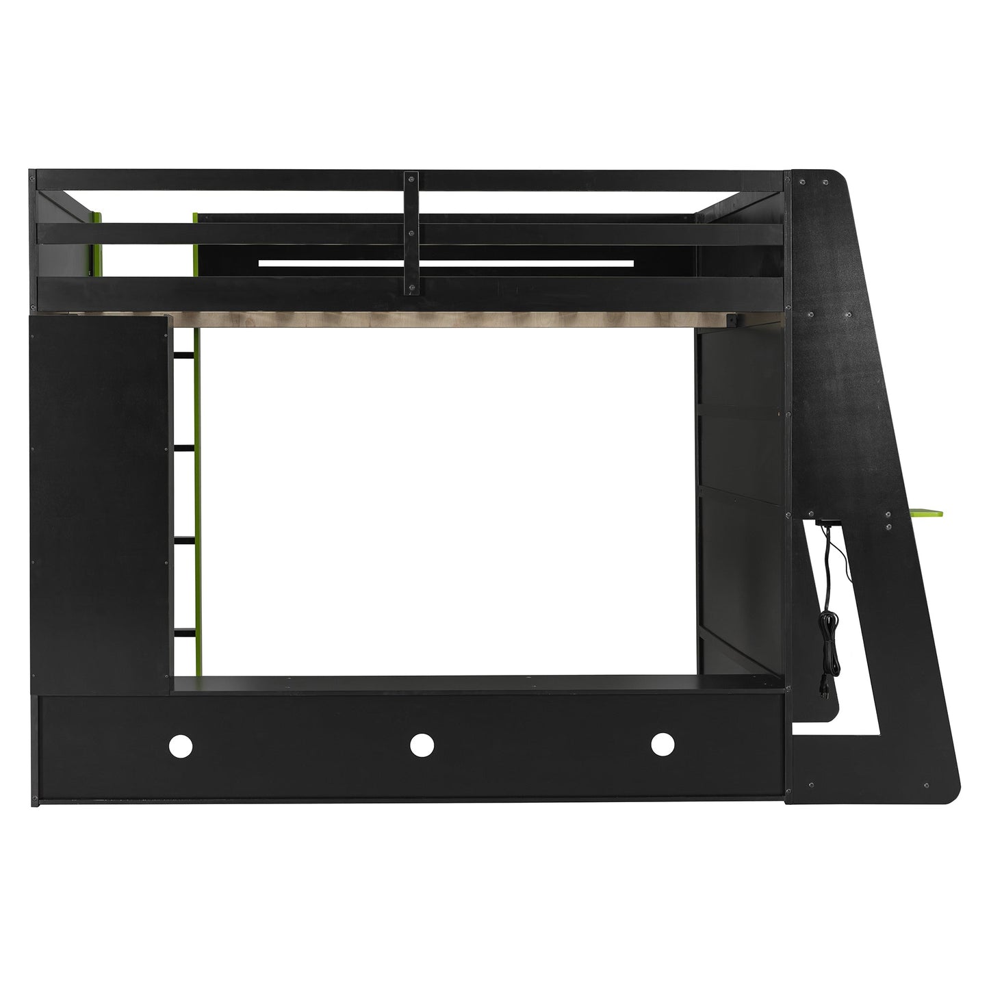 Full Size Wood Loft Bed with Desk, Multi-storage Shelves and RGB Light, Green