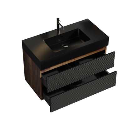 36' Walnut Bathroom Vanity with Matt Black Engineered Quartz Sink Soft Black Drawers