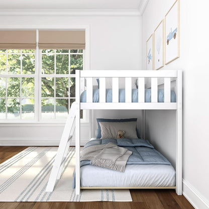 White Twin Low Bunk Bed Solid Wood Frame For Kids Safe