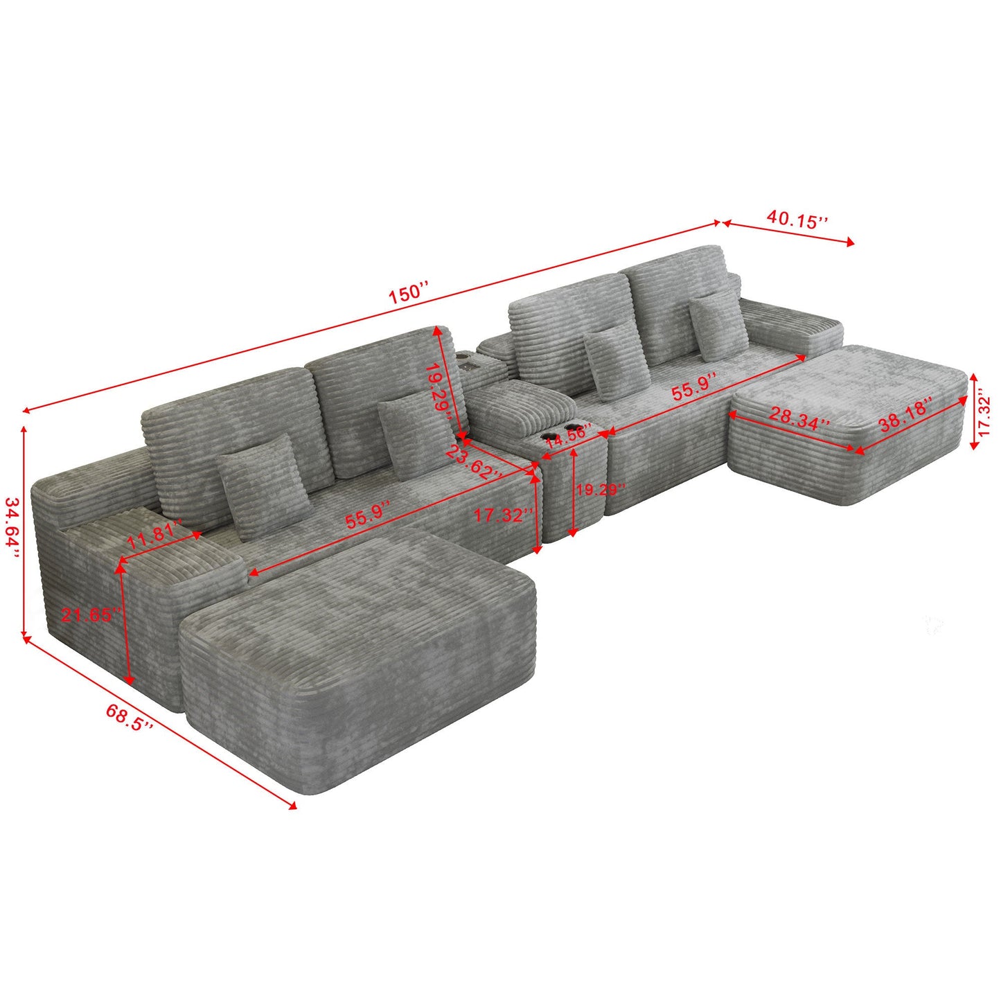 Sectional Sofa U-Shape Corduroy Light Gray 6 Seat USB Bluetooth 150 In