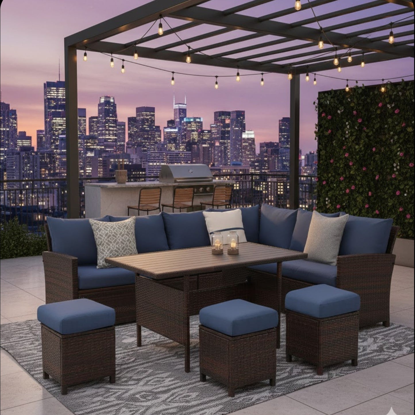 Outdoor Dining Set PE Rattan Brown Blue 7 Piece Seats 8