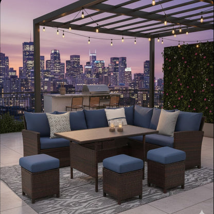 Outdoor Dining Set PE Rattan Brown Blue 7 Piece Seats 8