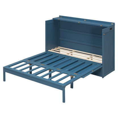 Queen Size Murphy Bed Wall Bed with Drawer and Sockets and USB Ports, Navy Blue