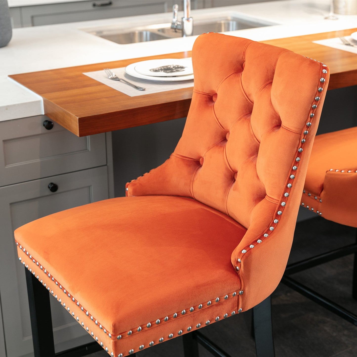 Velvet Upholstered Barstool Set of 2, Button Tufted, Chrome Nailhead, Orange
