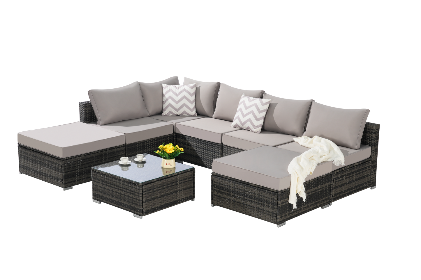 Outdoor Sectional Set PE Rattan 8 Piece Light Gray