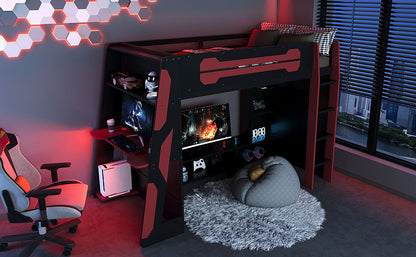 Twin Size Wood Loft Bed with Desk, Multi-storage Shelves and RGB Light, Red