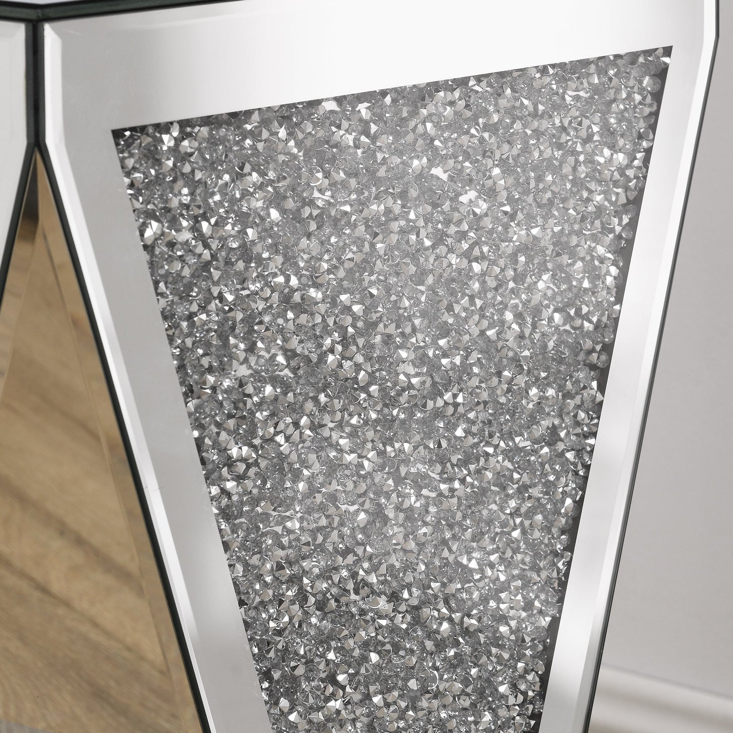 Inverted Triangle Mirror Coffee Table, Crystal Diamond Inlaid, Silver Glass