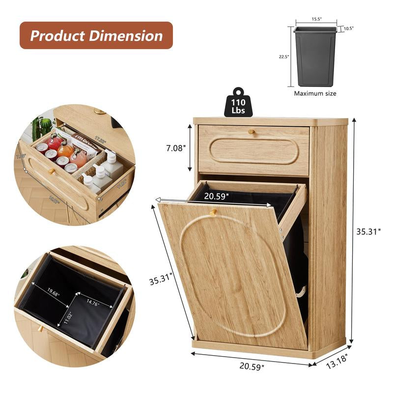 Giratree Tilt Out Trash Can Cabinet, Wood Kitchen Garbage Bin with Drawer, Fluted 10 Gallon Laundry Hamper Cabinet, Farmhouse Hidden Trash Can for Kitchen, Living Room