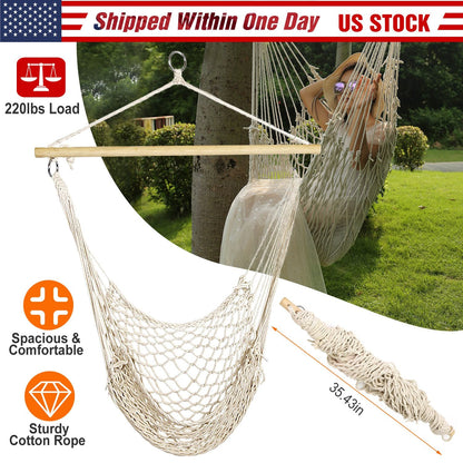 Hammock Chair Hanging Rope Seat Swing w/ Wooden Stick 220lbs Load for Patio Yard Porch Outdoor Bedroom Indoor