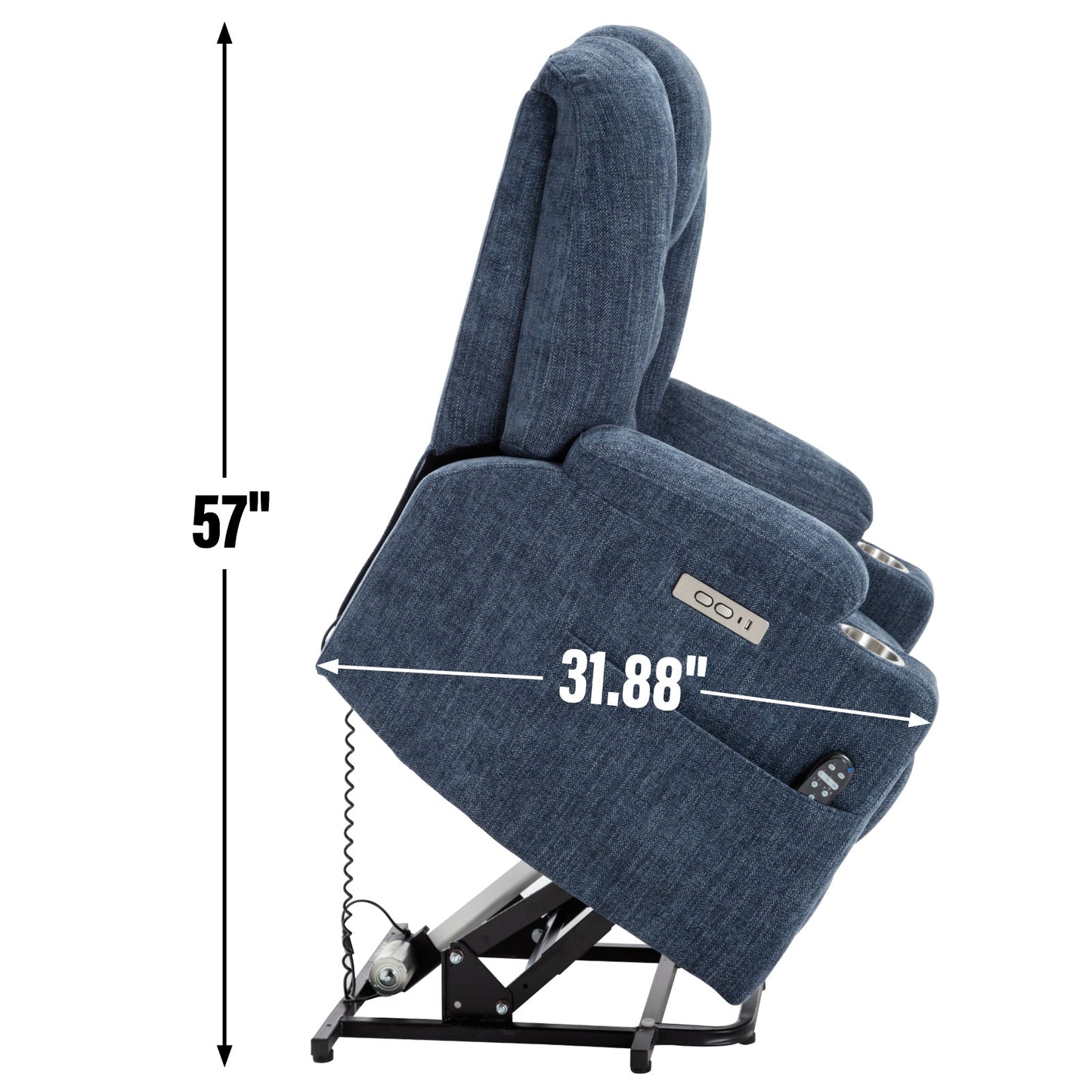 Lift Recliner Chair Power Chenille Blue Heat Massage USB Cup Holders 350 LB