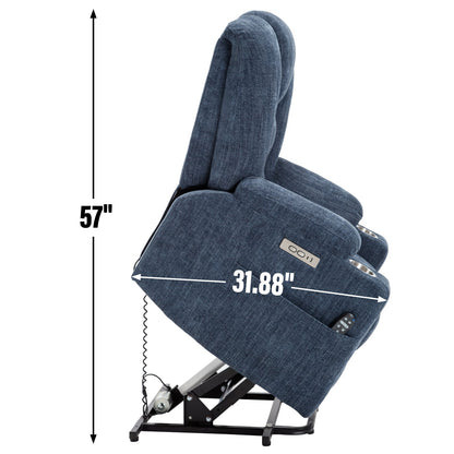 Lift Recliner Chair Power Chenille Blue Heat Massage USB Cup Holders 350 LB