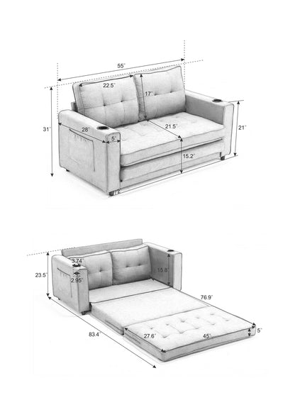 Sofa Bed Futon Tufted 3-in-1 Beige Pull-Out Sleeper Cup Holders 55 In