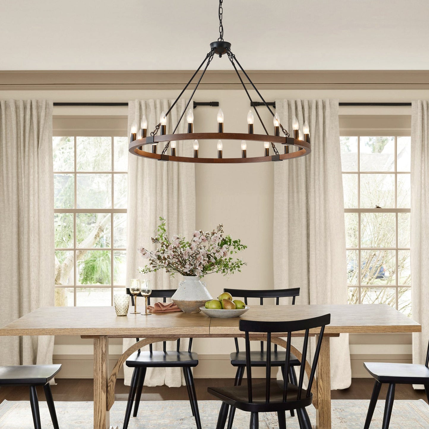 Chandelier Wood Wagon Wheel 20-Light Farmhouse Matte Black 39.3 In