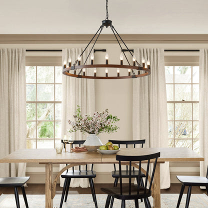 Chandelier Wood Wagon Wheel 20-Light Farmhouse Matte Black 39.3 In