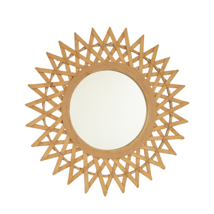 Wall Mirror Round Bamboo Hemp Rope Diamond Pattern Natural Boho 23.6 In