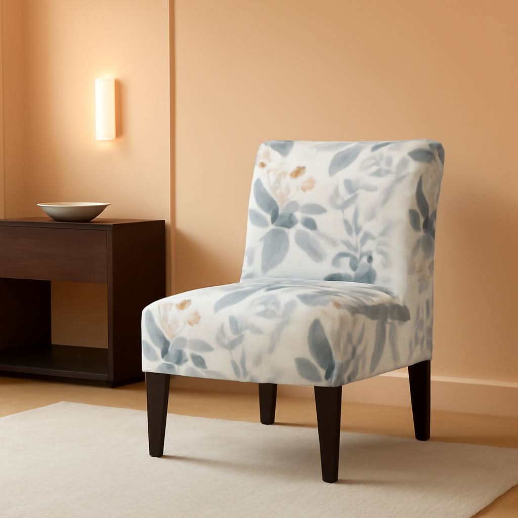 Armless Contemporary Chair With Blue Leaves Upholstery