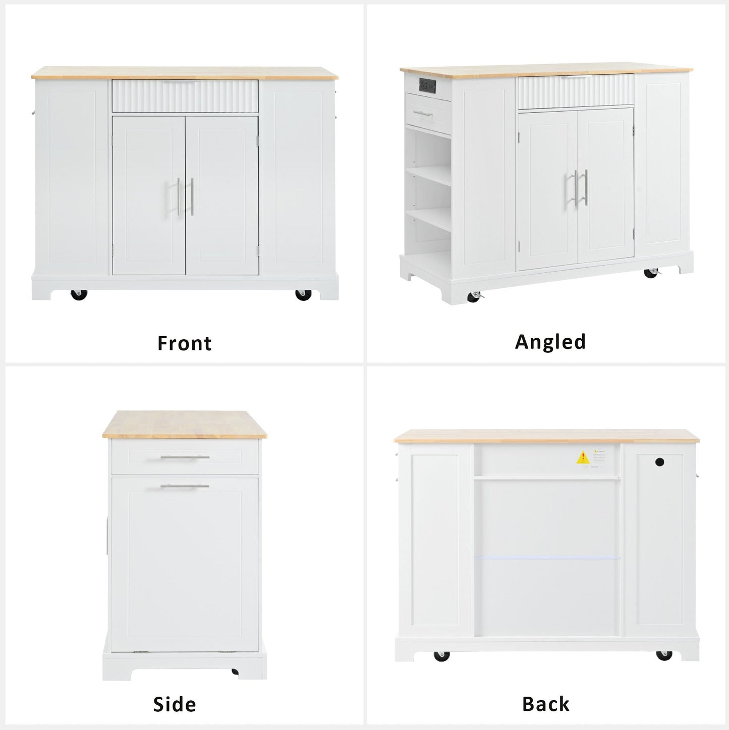 K&K Fluted Kitchen Island with Trash Can Storage Cabinet, Power Outlet, Internal Storage Rack, Rolling Kitchen Islands on 5 Wheels with 3 Drawer, 3 Open Side Racks for 10 Gallon Garbage Bin, White