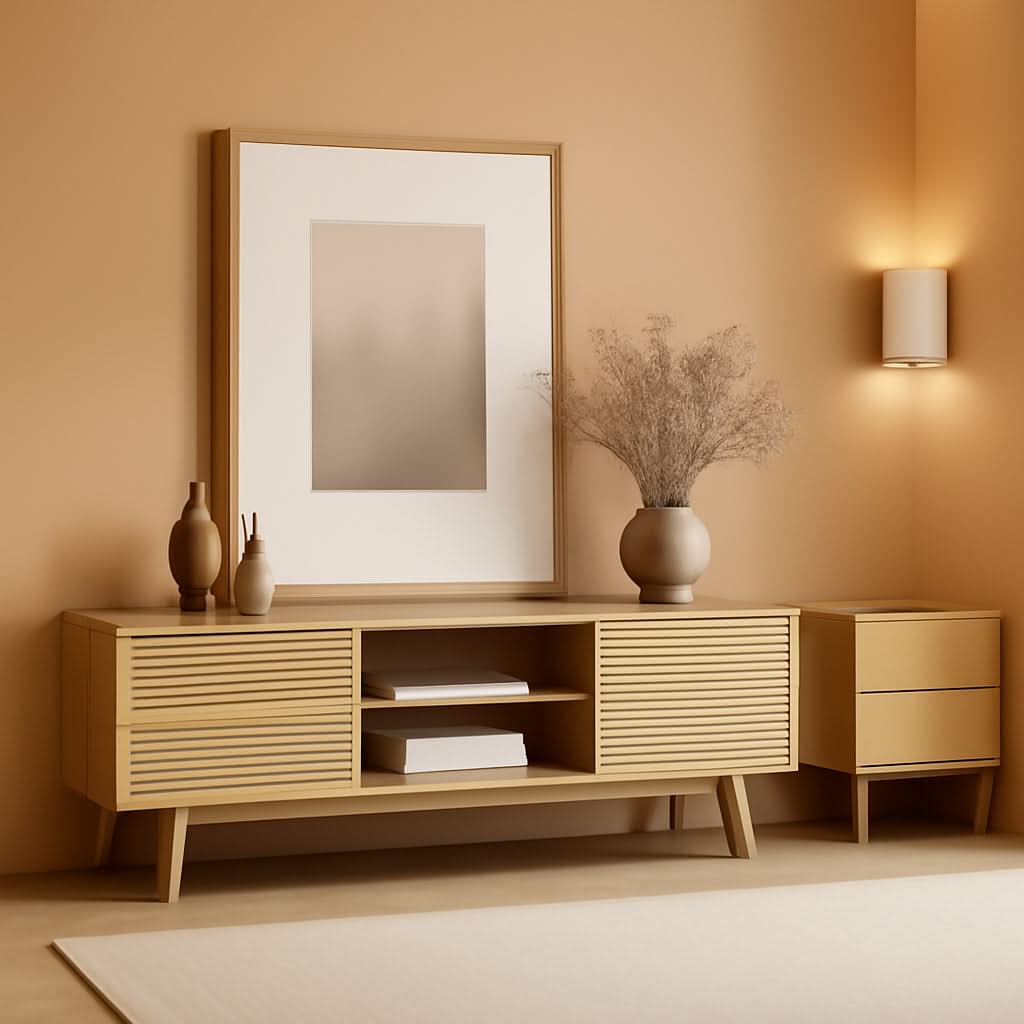 59 Inch Mid Century Modern TV Console Fluted Doors