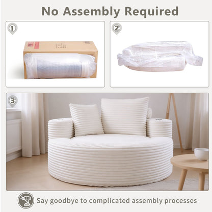 Sofa Round Memory Foam Velvet White with Cup Holder 55 In
