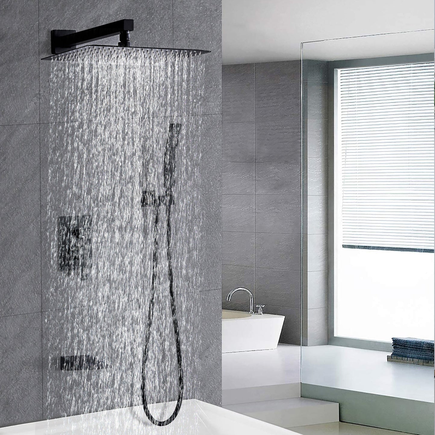 Matte Black All Metal Tub Shower Faucet Set with 12in Rain Shower Head, Wall