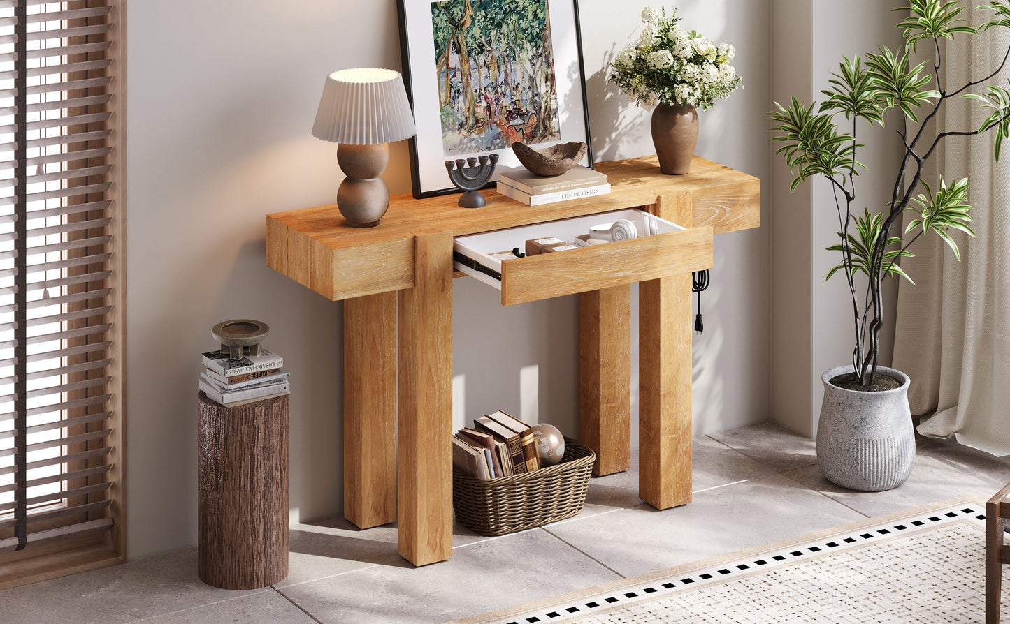 Rustic Console Table, Hidden Drawer, Side Power Outlet, Entryway Table, Natural