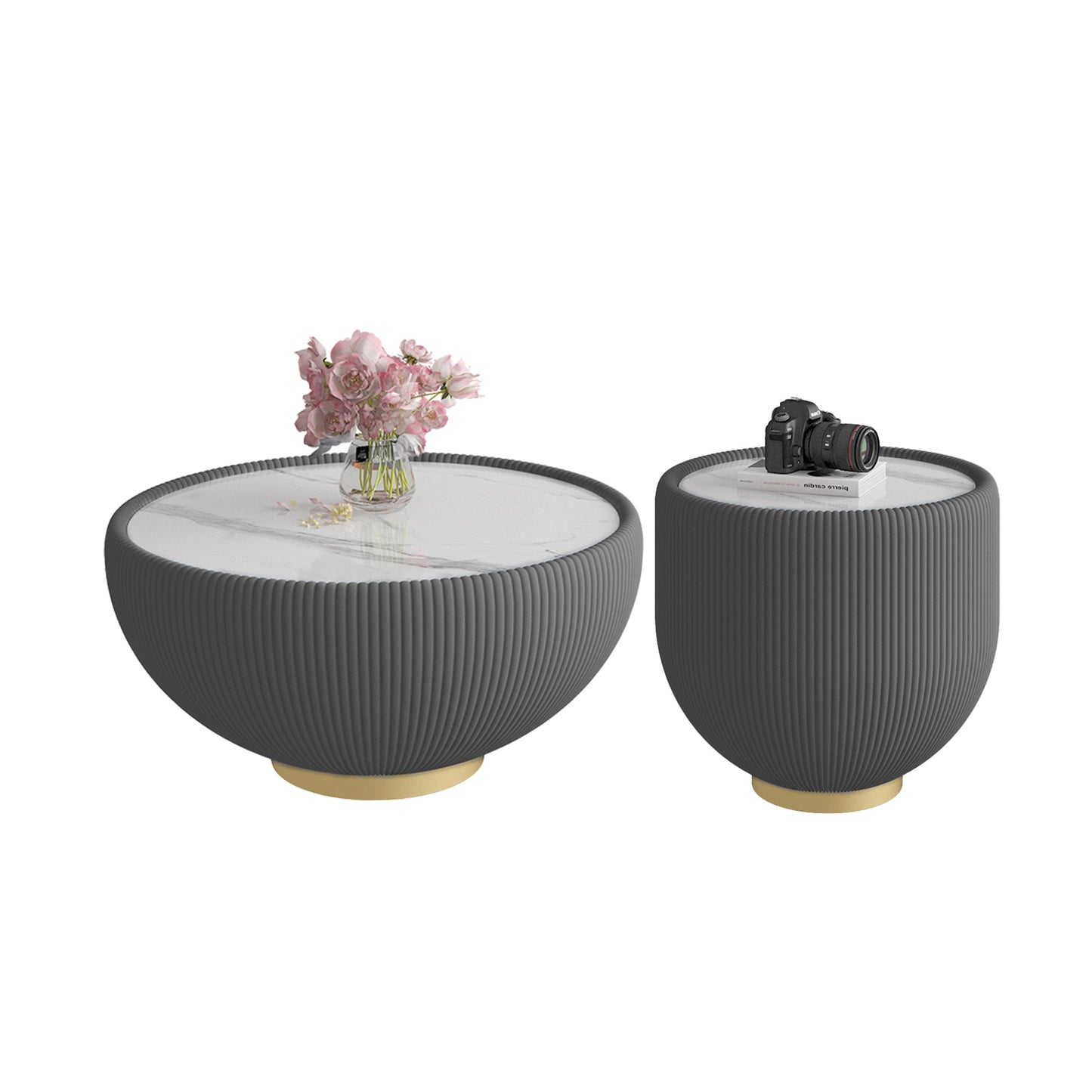 Round Sintered Stone Sofa End Table, Leather Edge, Metal Base, Living Room
