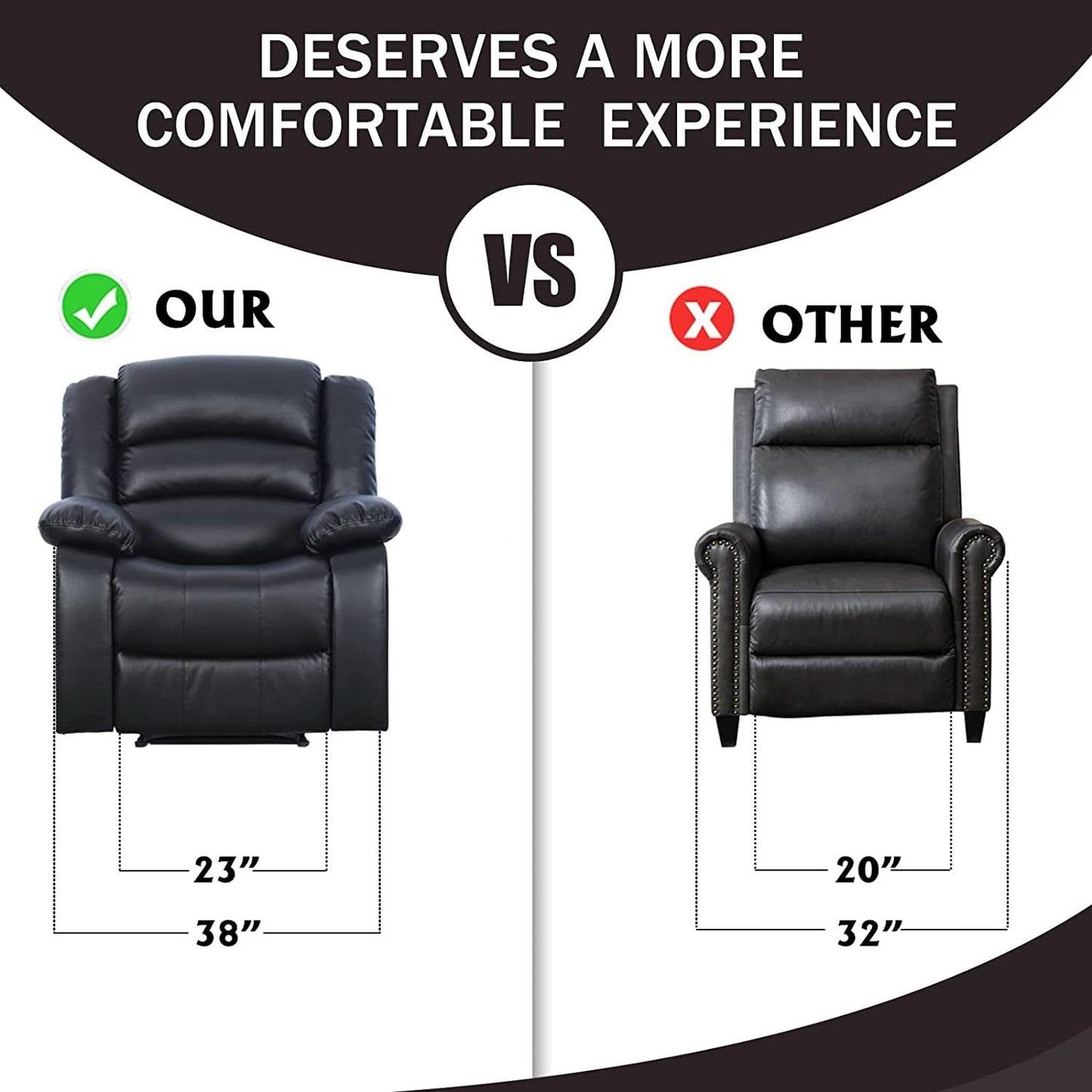 Black Bonded Leather Recliner With Overstuffed Arm And Back