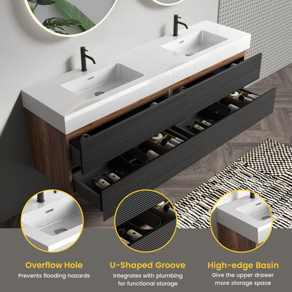 72'' Double Bathroom Vanity with Matt Black Quartz Sink Soft Black Drawers Wall Mount