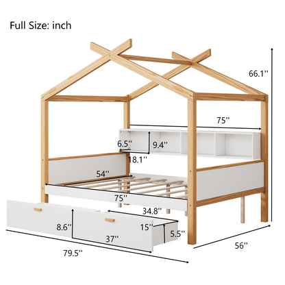 White Full Size Wooden House Bed with Two Drawers and Bookshelf Storage