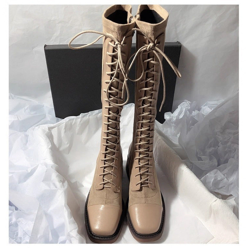 Stitched Round-toe Lace-up High-top Womens Boots