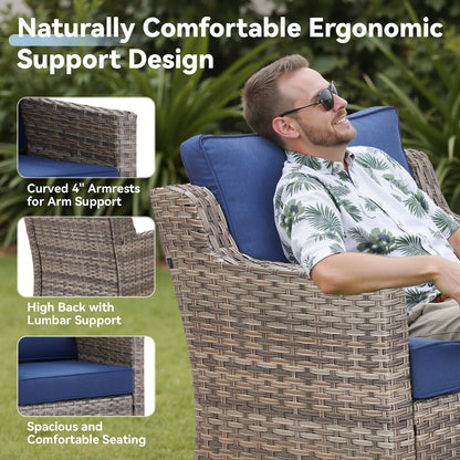73.2 in Outdoor Patio Sofa, 3-Seat Gray Rattan Couch with Blue Cushions