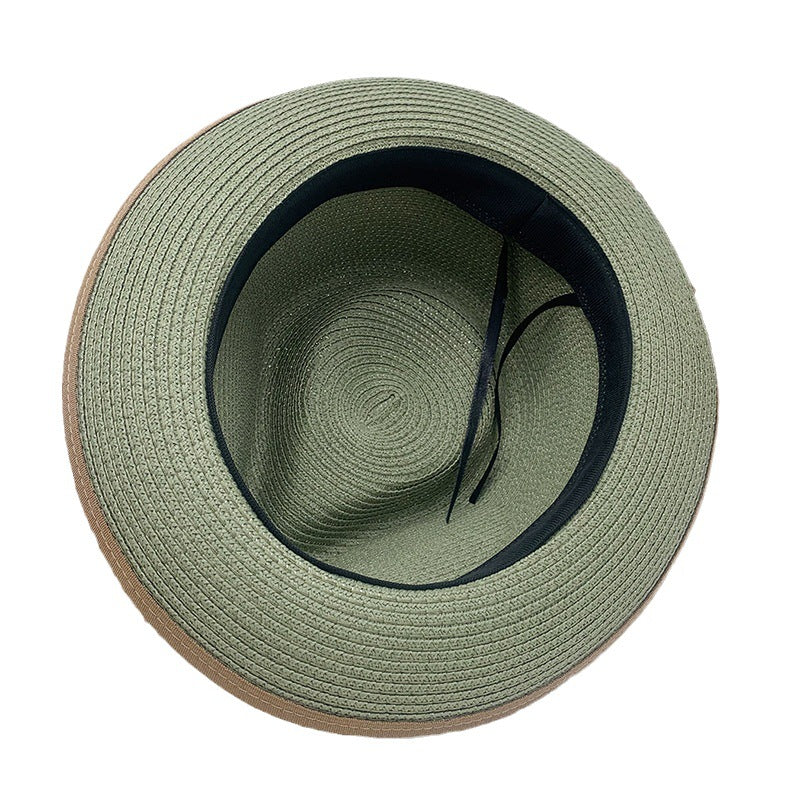Olive Green Rolled-brim Straw Hat With Bow For Sun Protection Artistic Style For Men And Women