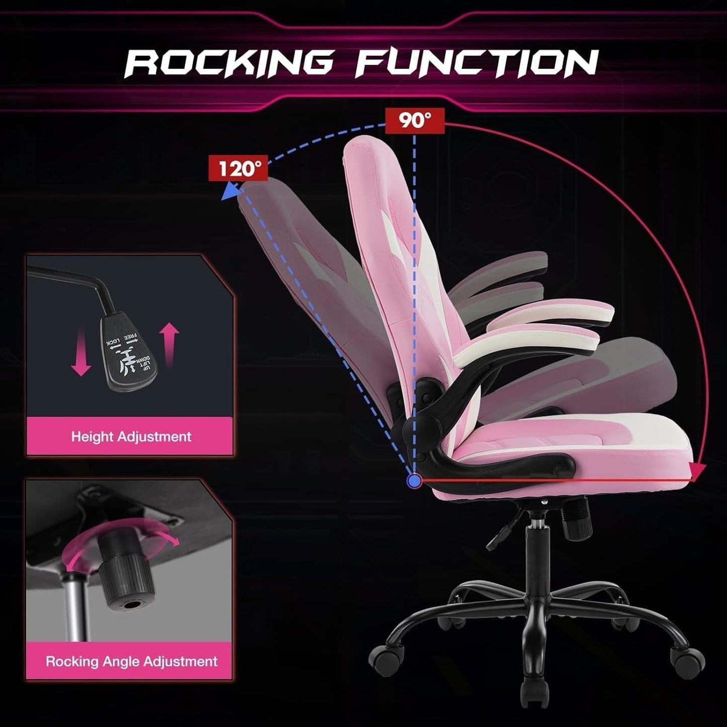 Pink Ergonomic Gaming Desk Chair With Adjustable Armrests