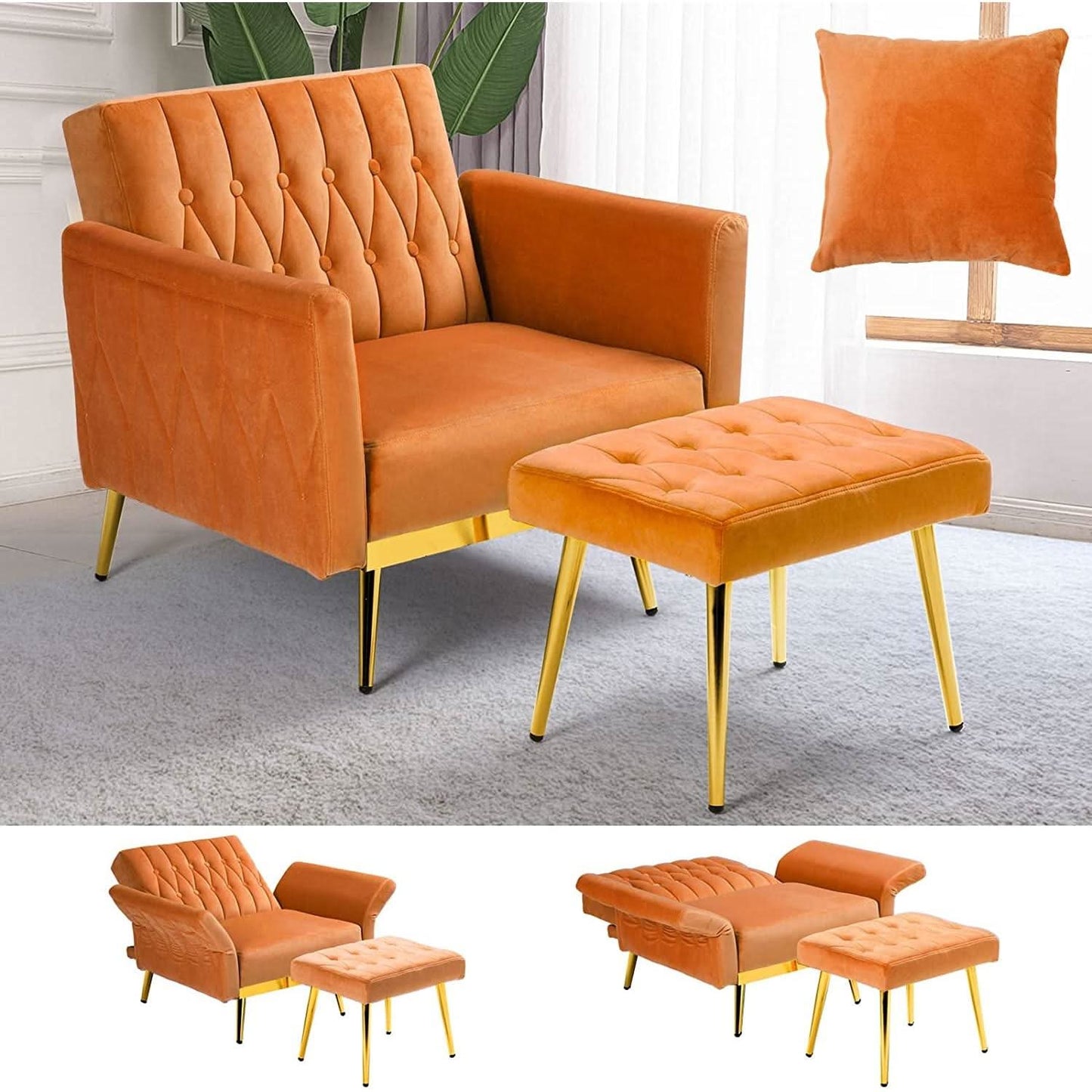 Orange Velvet Accent Chair With Adjustable Armrests And Backrest