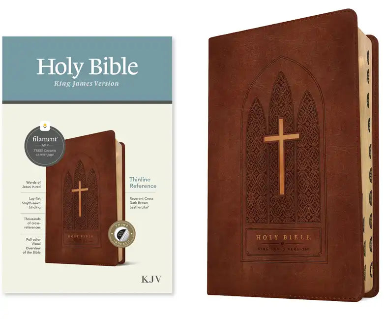 KJV Thinline Reference Bible, Filament Enabled (Leatherlike, Reverent Cross Dark Brown, Indexed, Red Letter) - Imitation Leather