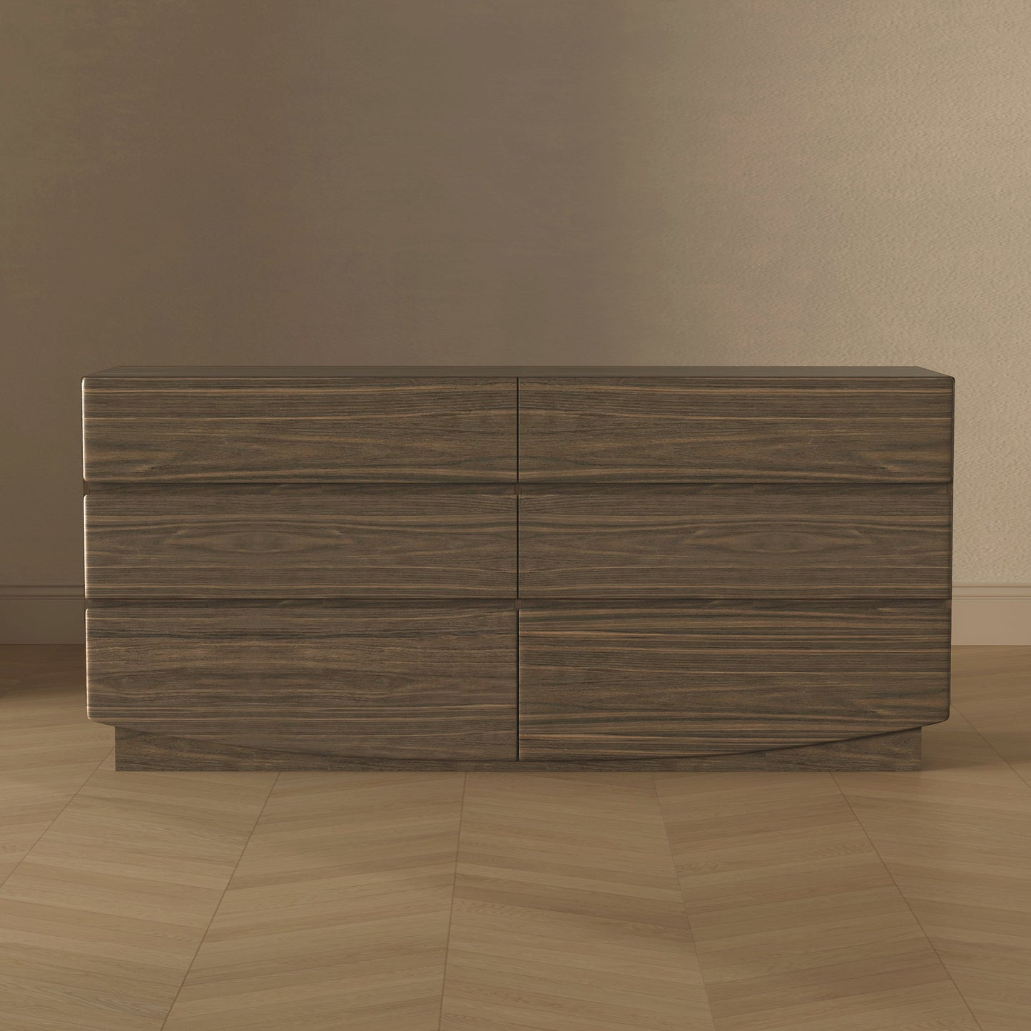 Dresser Minimalist 6-Drawer Walnut MDF Handleless Wood Grain 72x20 In