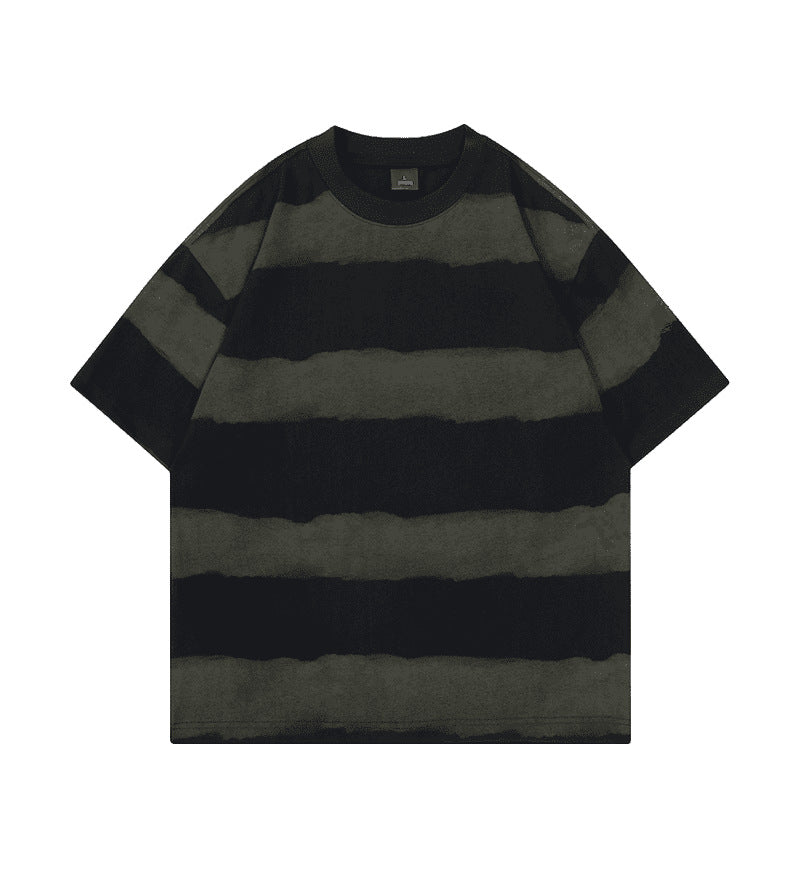 Tie-dye Washed Striped Short-Sleeve Mens Cotton T-Shirt
