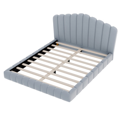 Velvet Upholstered Queen Bed Frame with Shell-Shaped Headboard, Light Blue