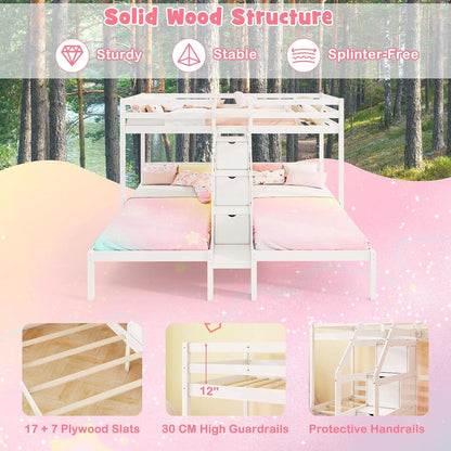 White Solid Wood Triple Bunk Bed With Storage Stair
