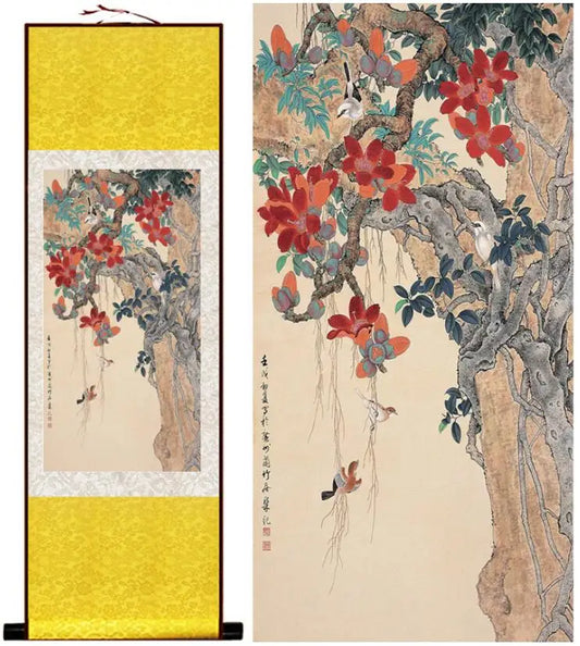 Birds and Flower Painting – Silk Scroll, Traditional Chinese Birds Printed Painting