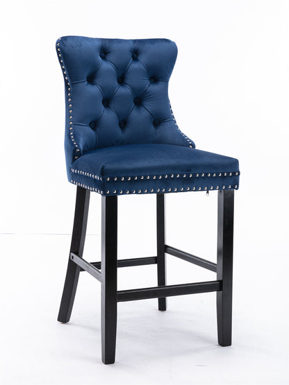 Contemporary Velvet Upholstered Barstools Button Tufted with Wooden Legs Set of 2, Blue