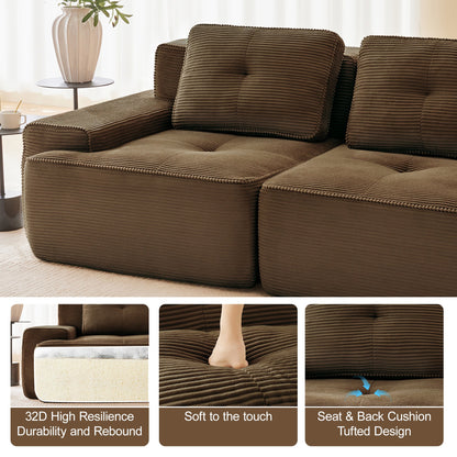 Sectional loveseat L-Shape Corduroy Brown 2 Seat Modular with Ottoman 82 In