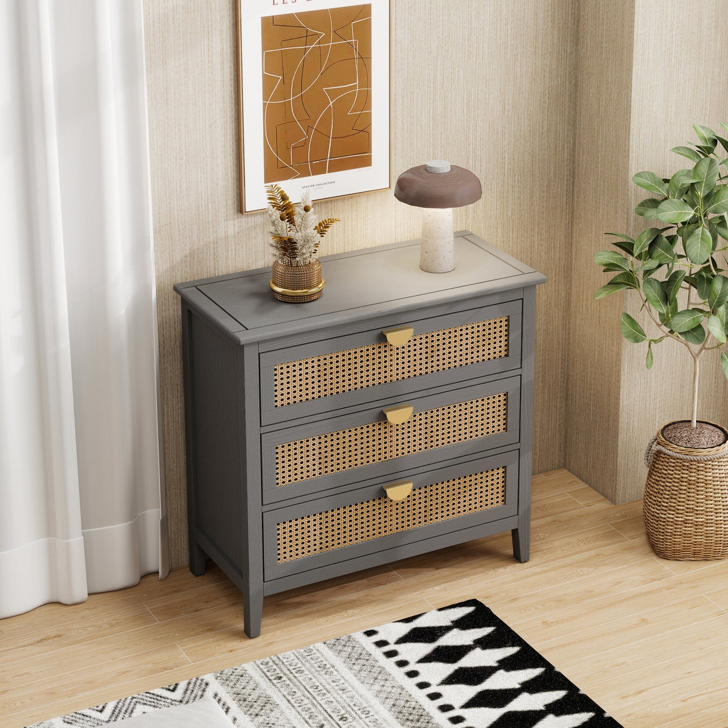 3-Drawer Cabinet - Natural Rattan - Suitable for Bedroom, Living Room, or Study