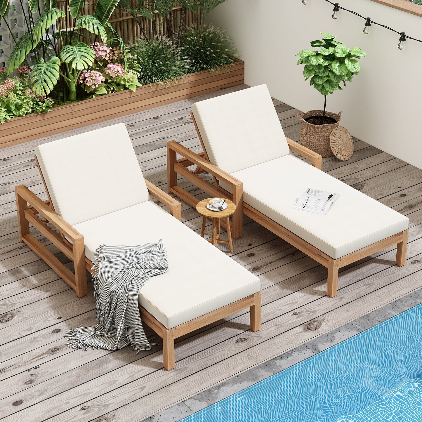 Outdoor Chaise Lounge Acacia Wood Light Teak Beige Cushion 5 Position 2