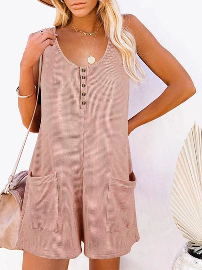 Button Front Sleeveless Romper with Pockets